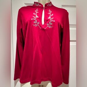 Liz Claiborne Red Long Sleeve Embroidered Blouse